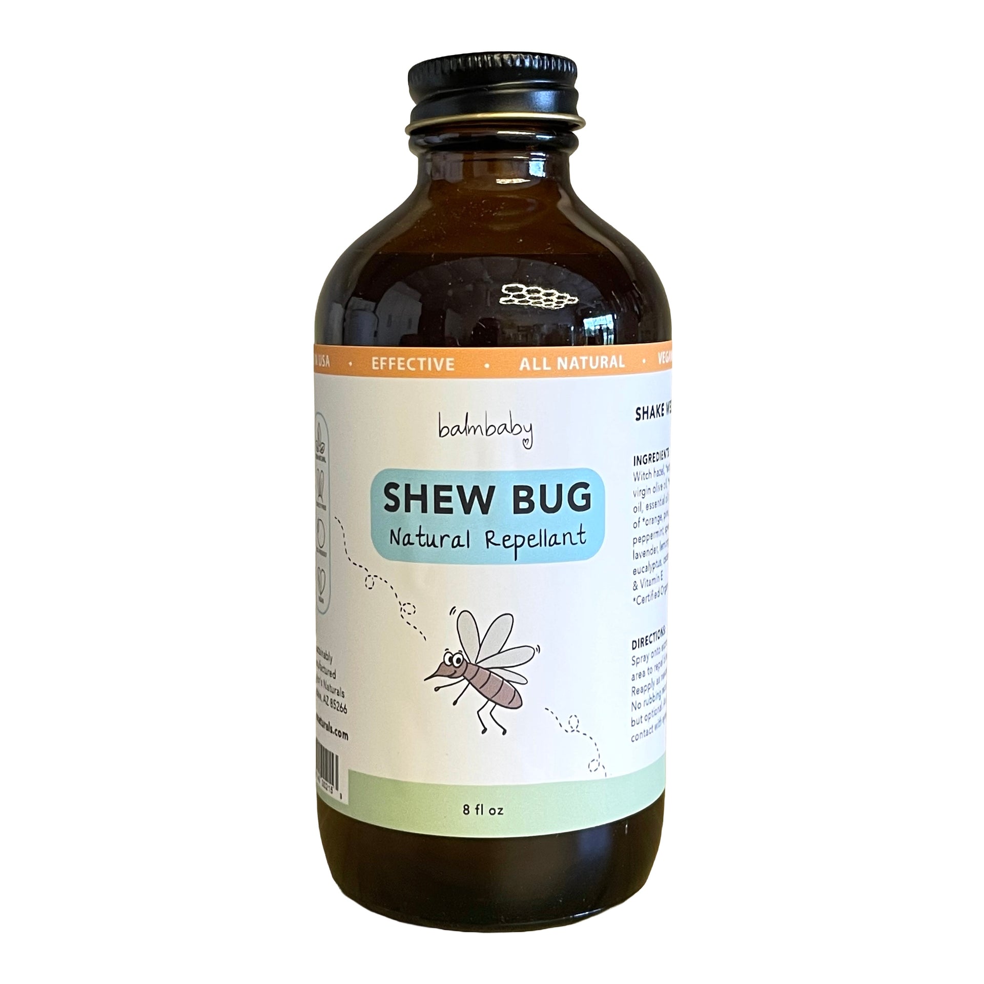 Bottle of shew bug natural repellent with a label on a white background