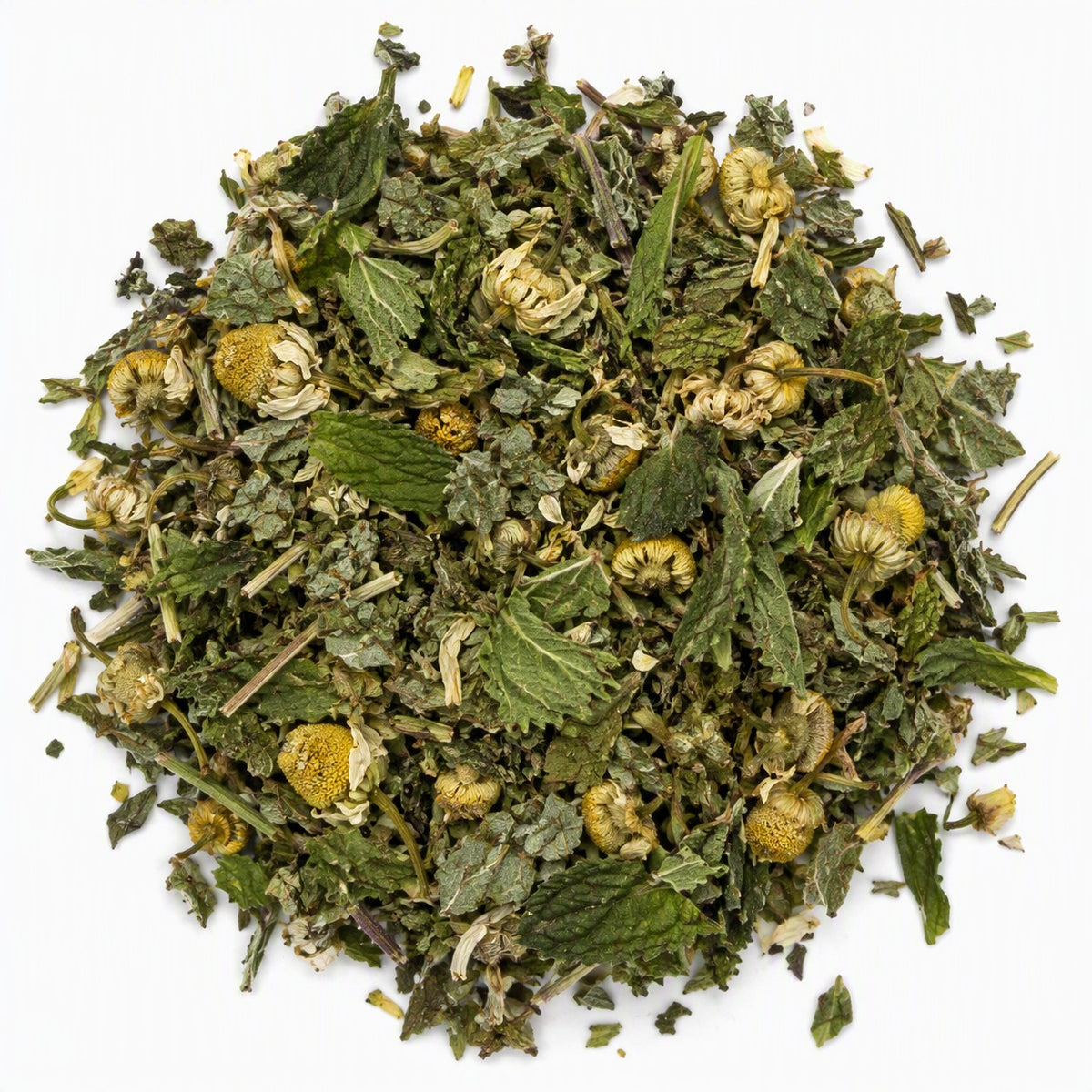 A pile of loose-leaf herbal tea featuring green leaves and dried yellow chamomile flowers on a solid white background.