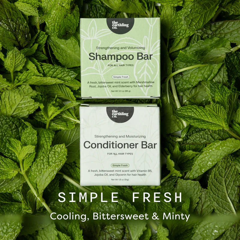 Two boxed hair care bars from The Earthling Co are placed on top of each other among fresh mint leaves. The top box is labeled Shampoo Bar and the bottom box is labeled Conditioner Bar.