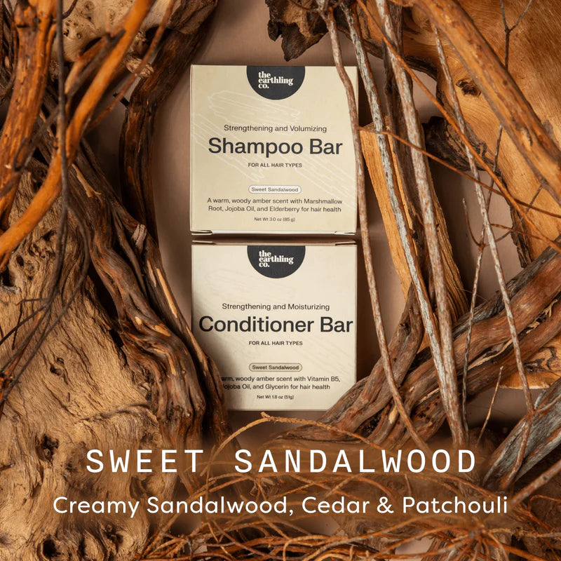 Shampoo and conditioner bars with sweet sandalwood scent surrounded by natural elements.