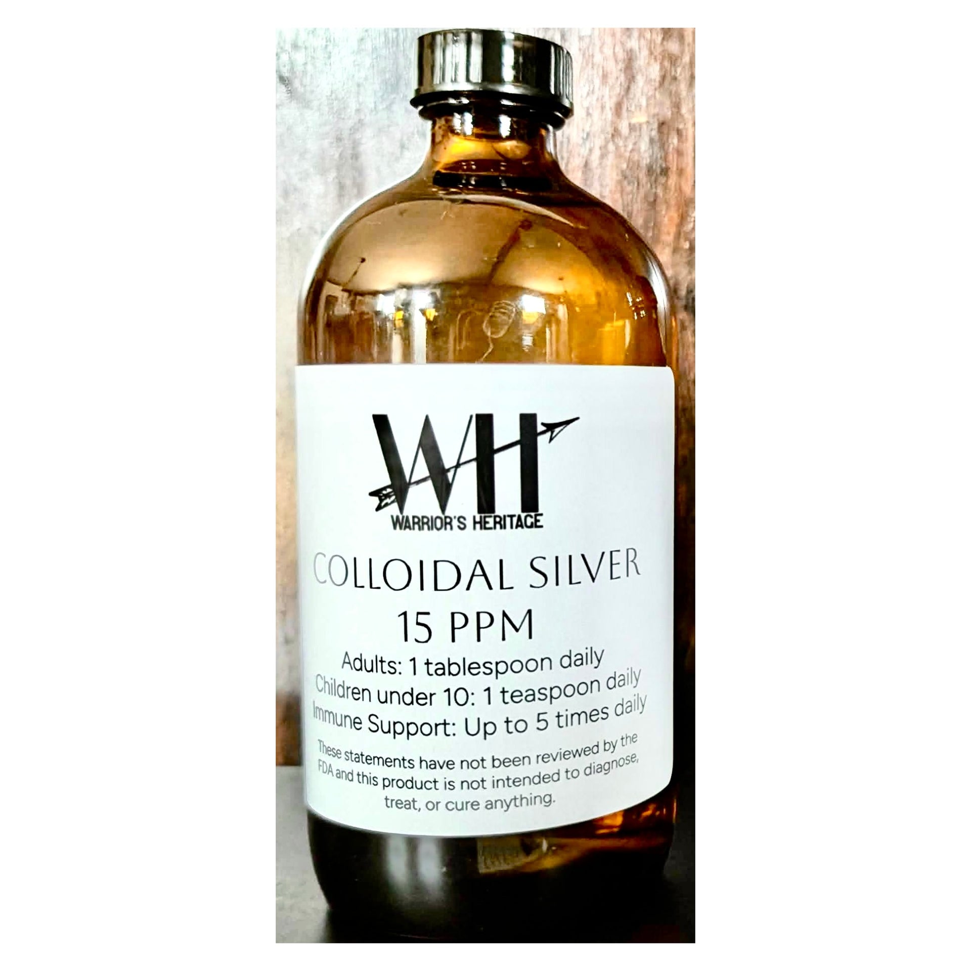 Bottle of Warrior's Heritage Colloidal Silver 15 PPM with label on a white background