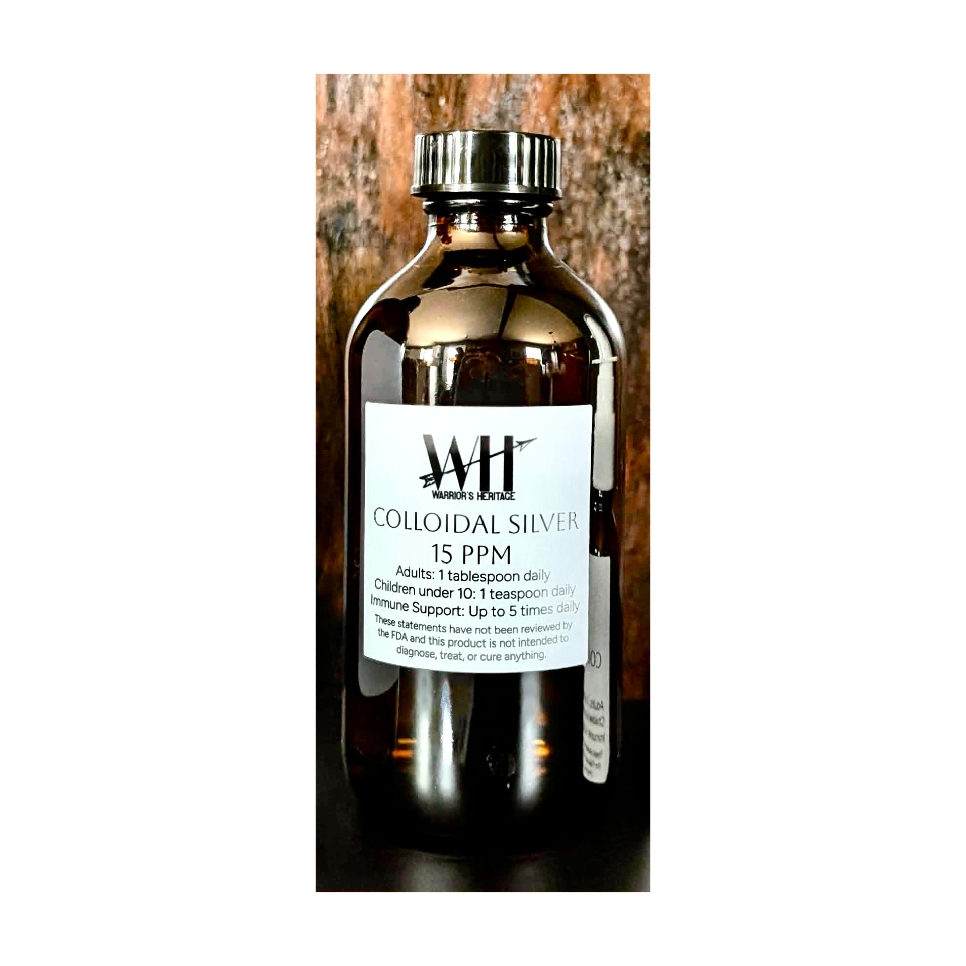 Bottle of colloidal silver with a label on a wooden background