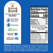 Nutrition label and branding elements on a blue background