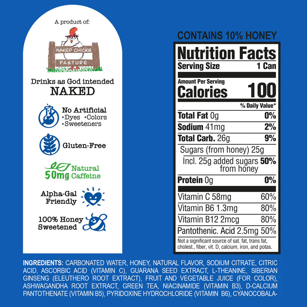 Nutrition label and branding elements on a blue background