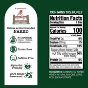 Nutrition label and branding information for a ginger ale drink on a green background