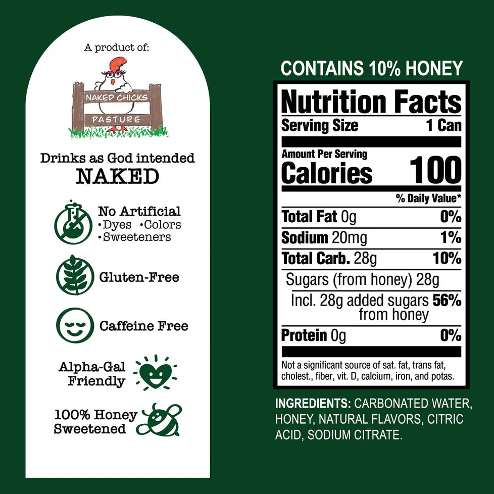 Nutrition label and branding information for a ginger ale drink on a green background