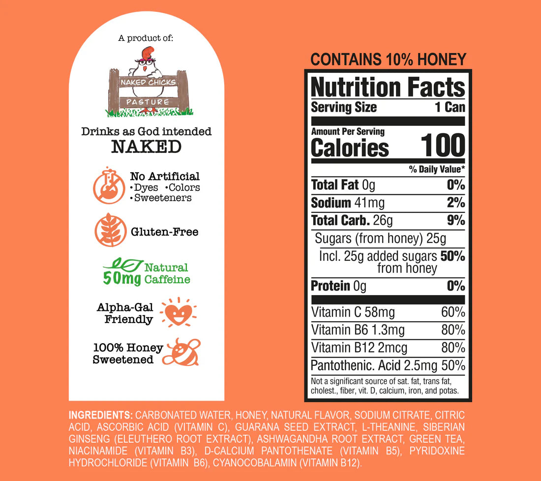 Nutrition label and product information for a can of Naked drink on an orange background.