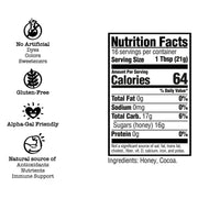 Nutrition facts label with health benefits and ingredient information on a white background