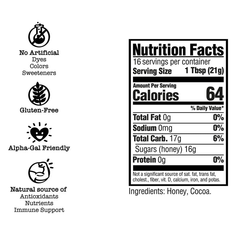 Nutrition facts label with health benefits and ingredient information on a white background