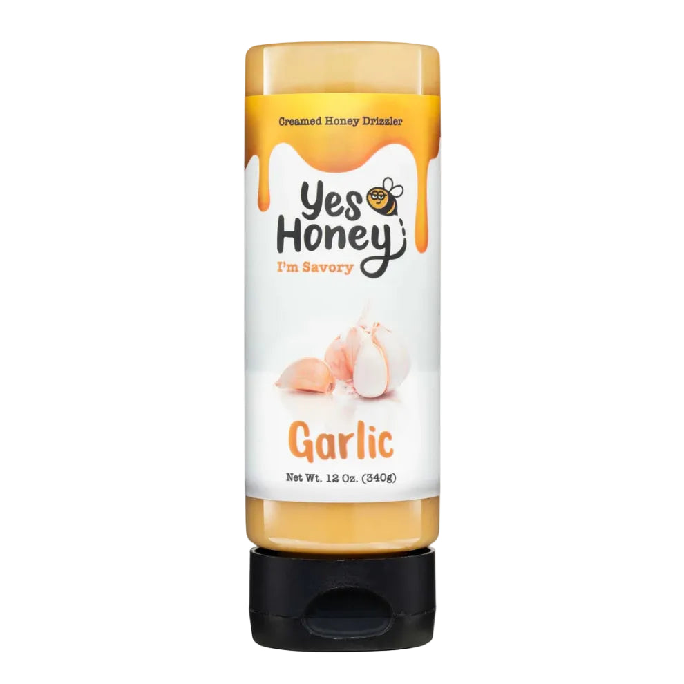 Yes Honey Garlic sauce bottle on a white background