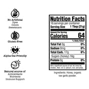 Nutrition facts label with health benefits and ingredient information on a white background