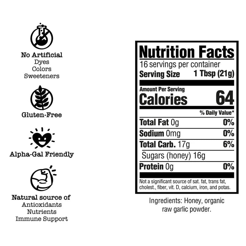 Nutrition facts label with health benefits and ingredient information on a white background