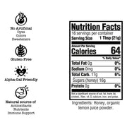 Nutrition facts label with health benefits and ingredient information on a white background