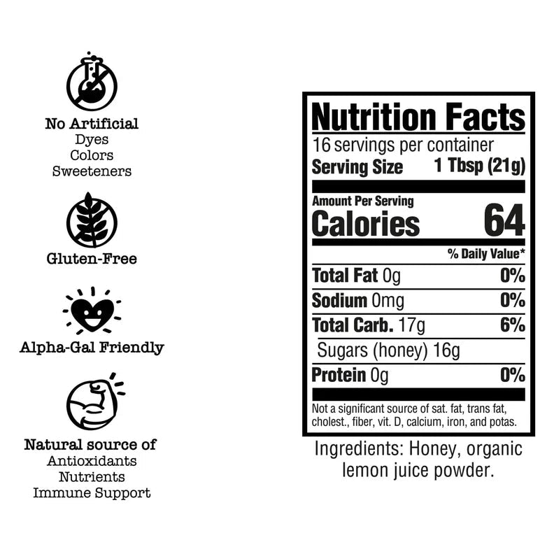 Nutrition facts label with health benefits and ingredient information on a white background