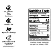 Nutrition facts label with health benefits and ingredient information on a white background