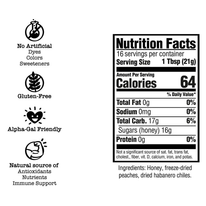 Nutrition facts label with health benefits and ingredient information on a white background