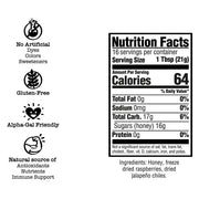 Nutrition facts label with health benefits and ingredient list on a white background