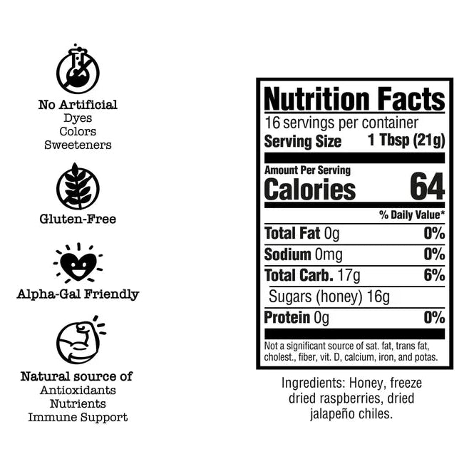 Nutrition facts label with health benefits and ingredient list on a white background